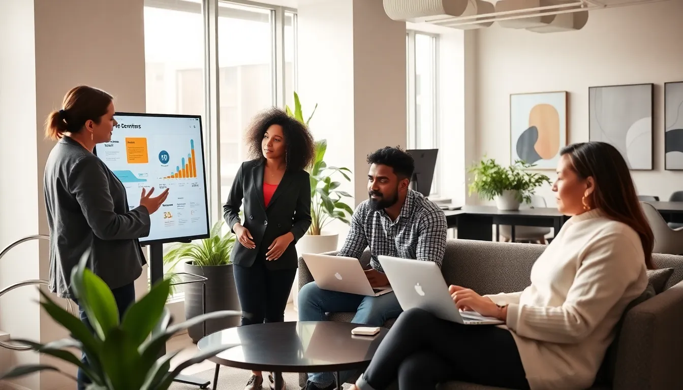 diverse professionals engaging in discussion in a modern co-working space.