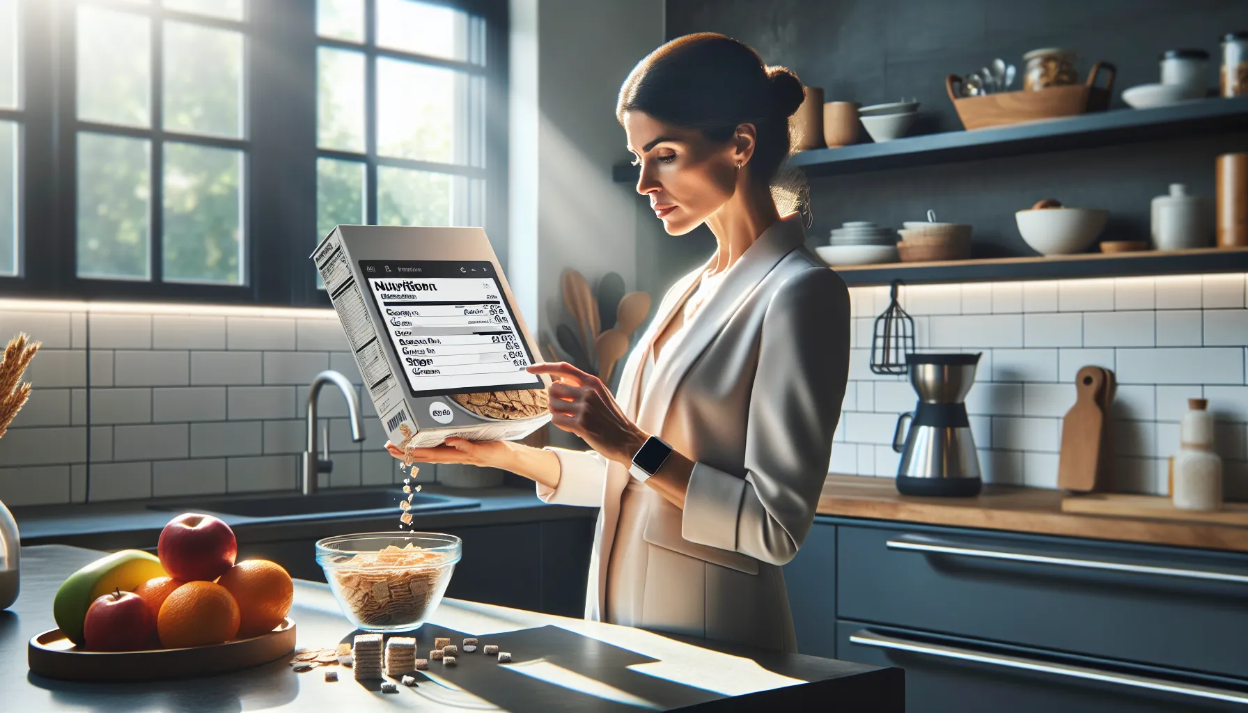 nutritionist reviewing Mini Wheats nutrition facts in a modern kitchen.
