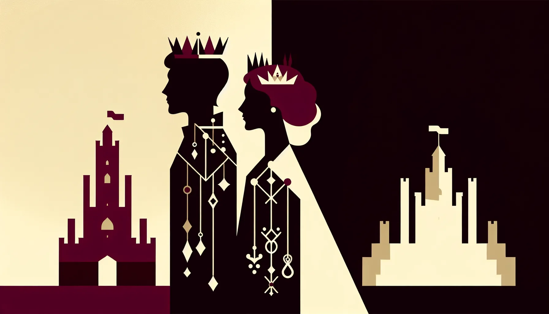 Two noble silhouettes standing before a castle tower with broken chains symbolizing resistance