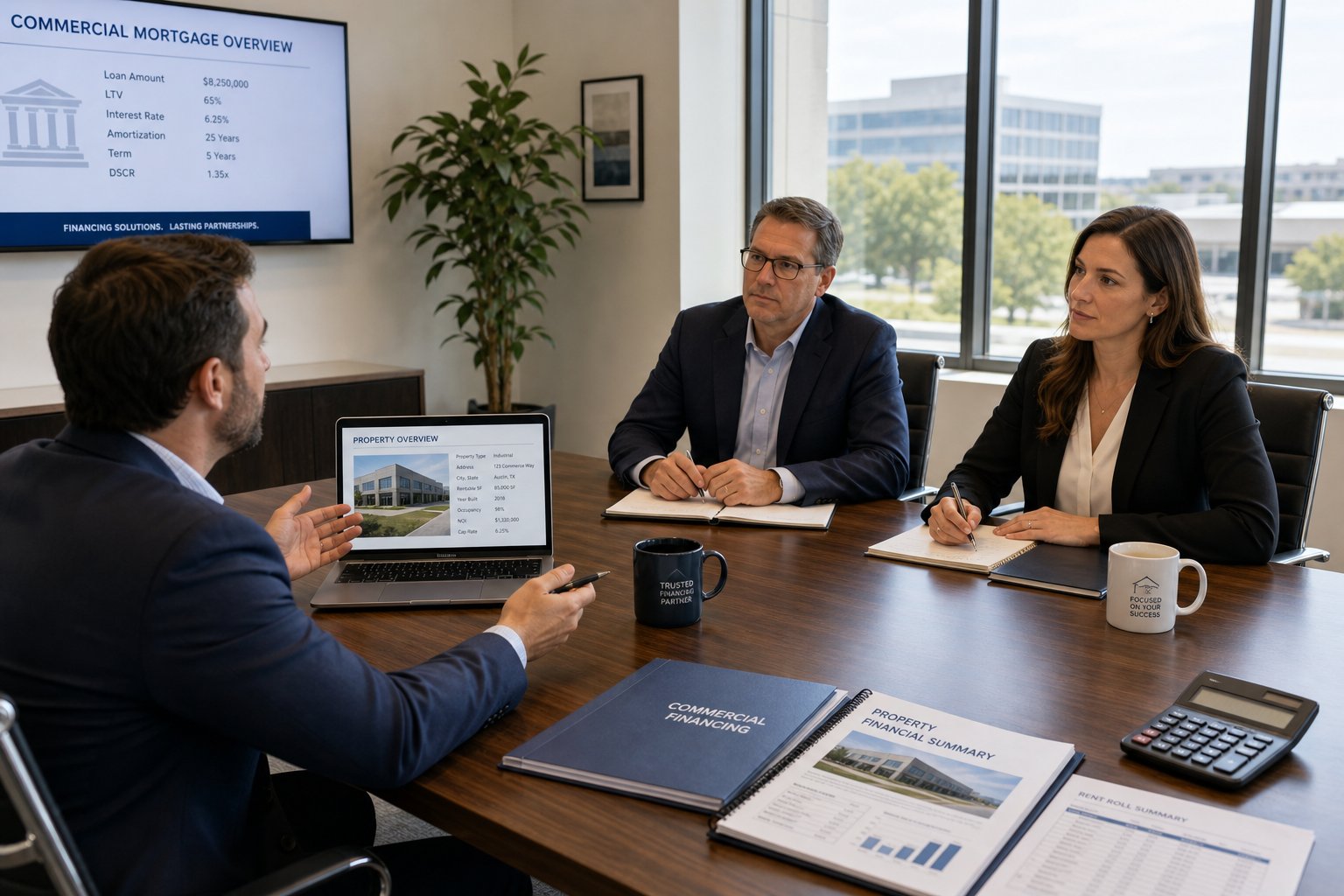 Commercial Mortgage Broker Lytham 15 Formal commercial mortgage review meeting in a bright boardroom with finance professionals.