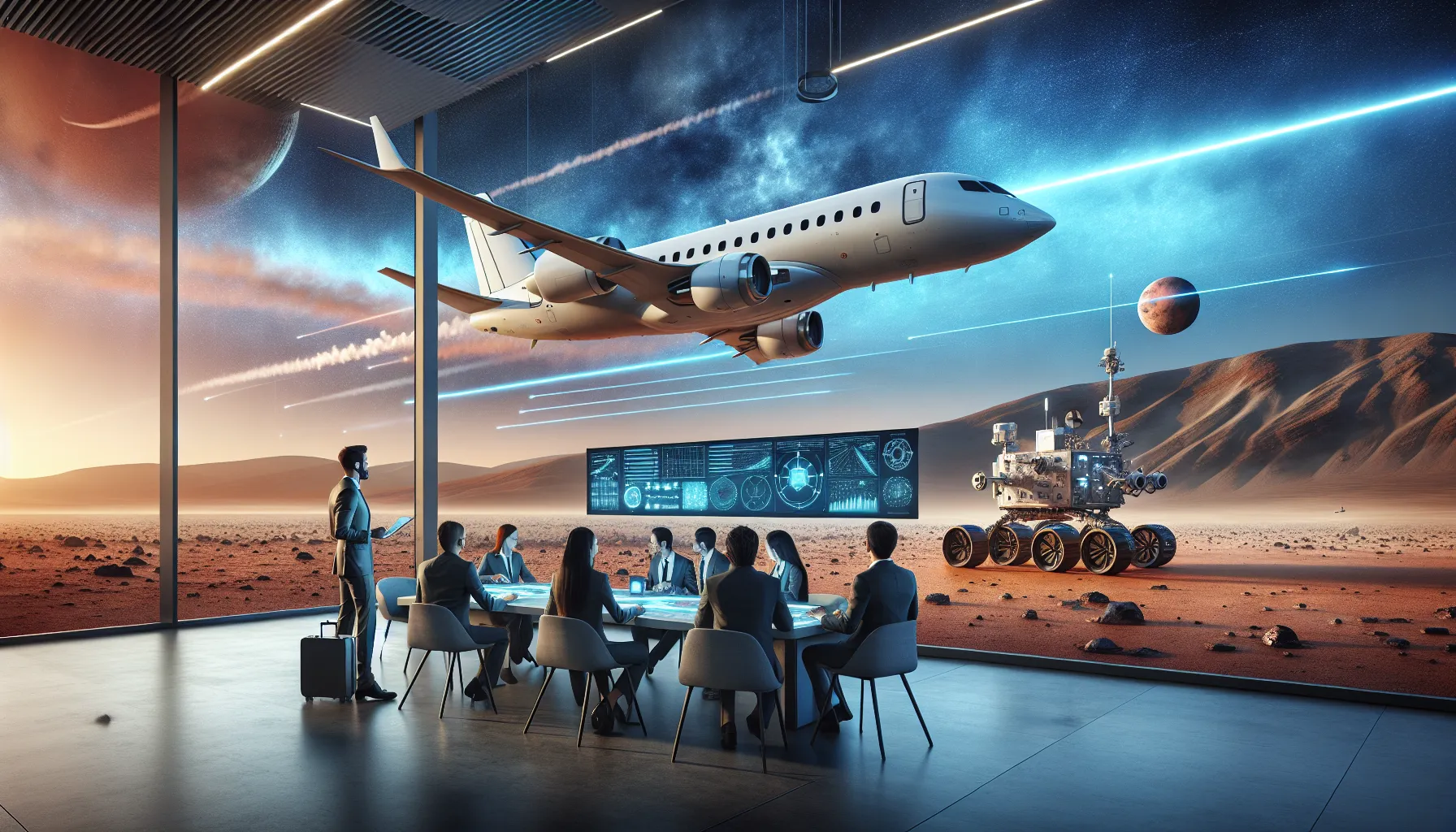 modern aircraft and rover symbolizing aviation and space technology advancements.