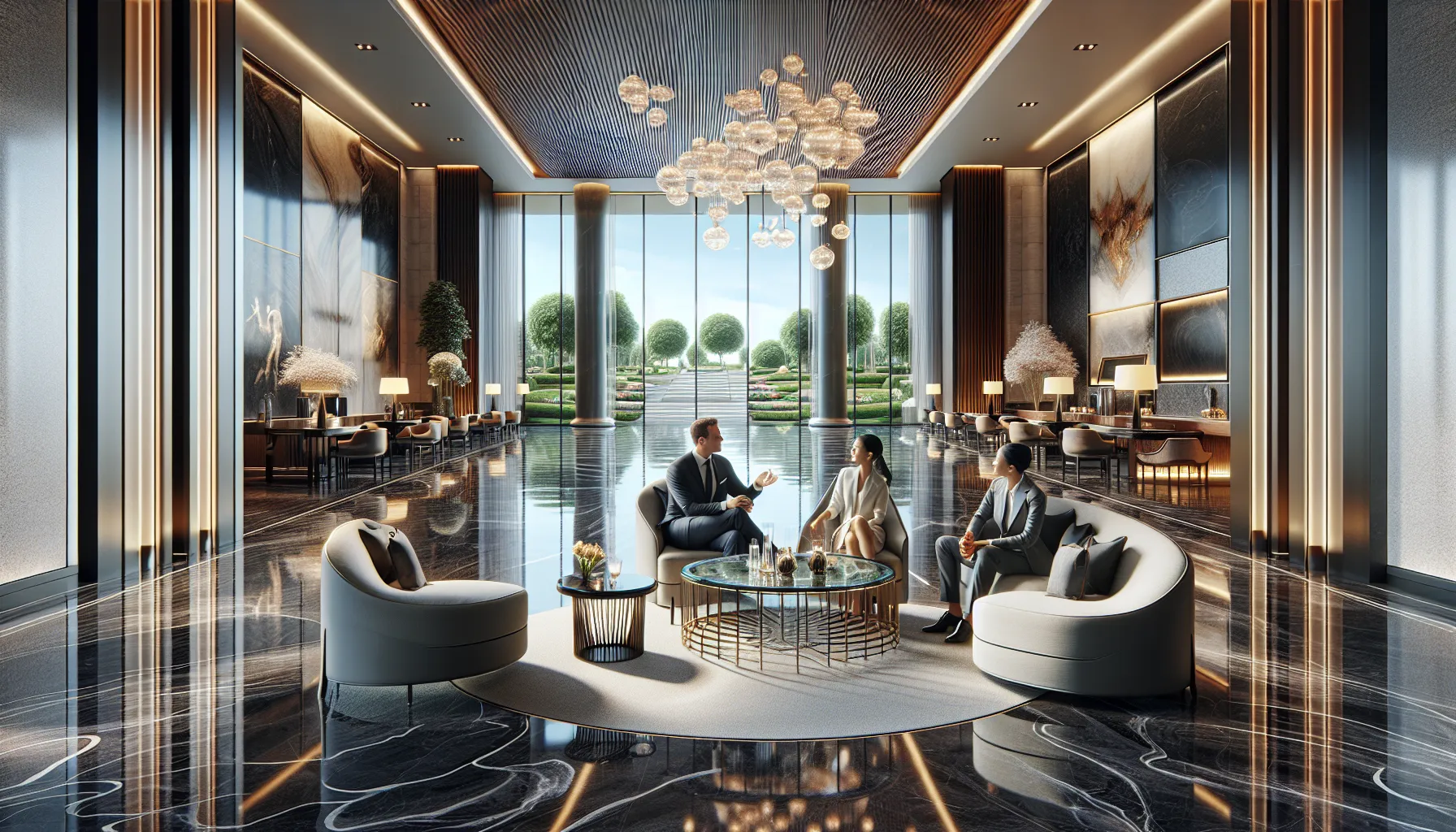 luxurious hotel lobby with guests enjoying the ambiance.