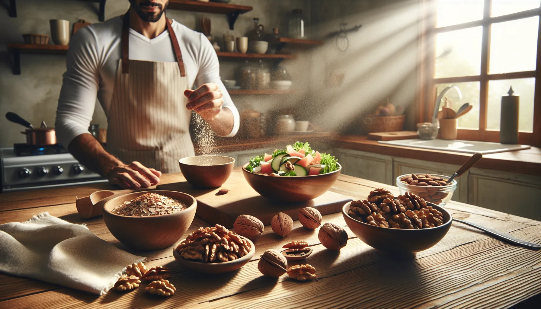 A table with bowls of almonds and walnuts alongside prepared meals.