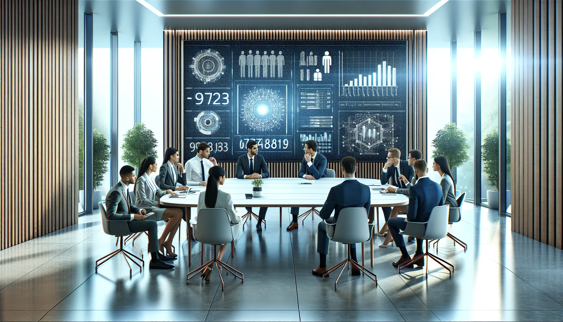 diverse professionals discussing numerical data in a modern office setting.