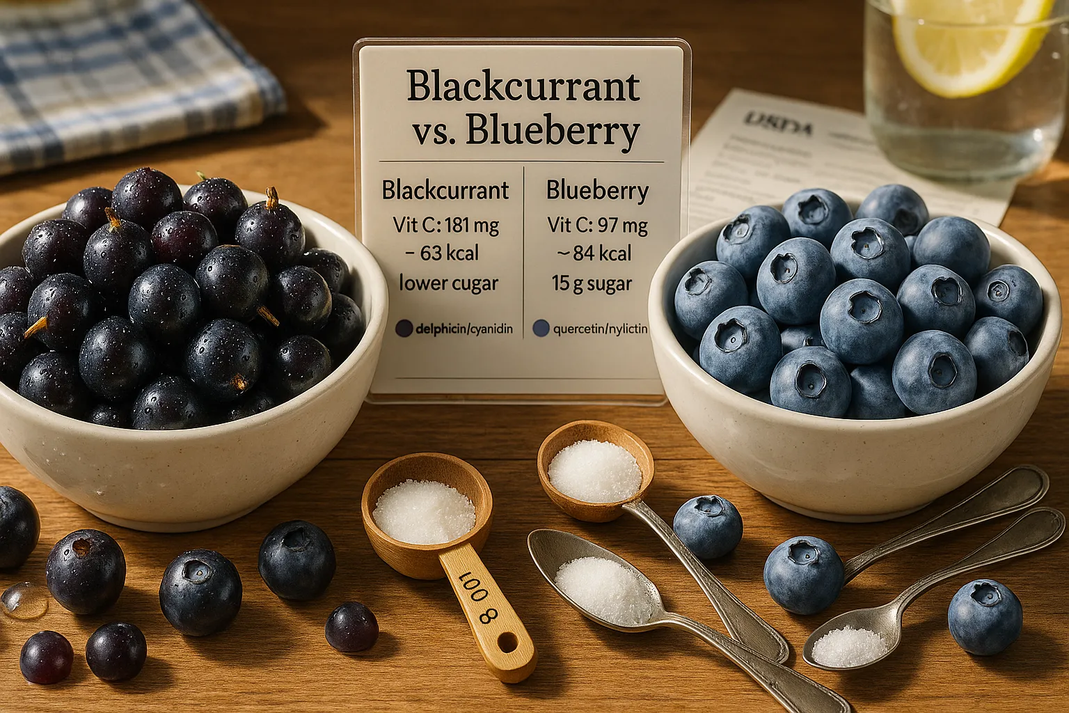 close-up comparison of blackcurrants and blueberries with nutrition labels