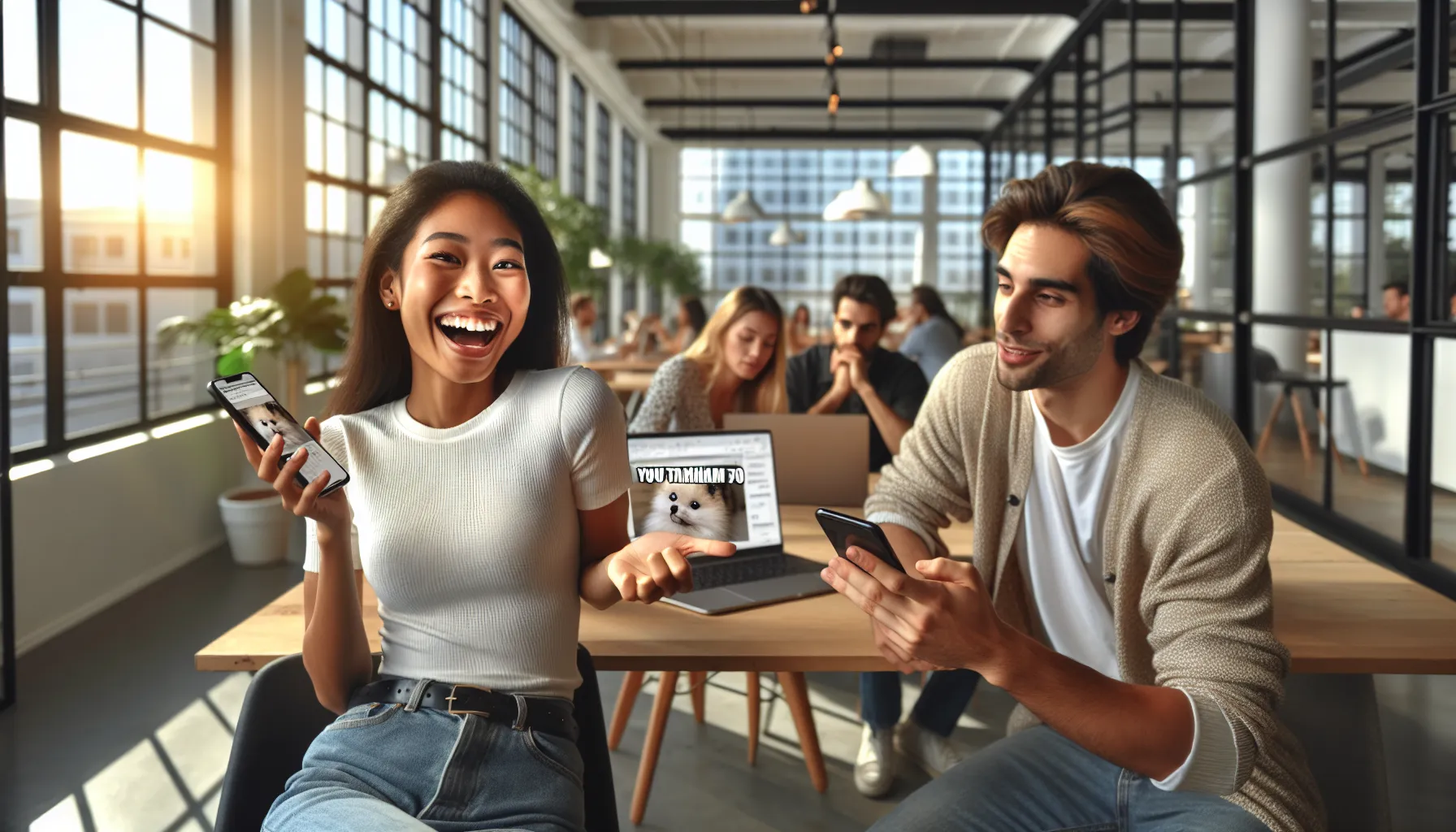 diverse team discussing memes in a bright co-working space.