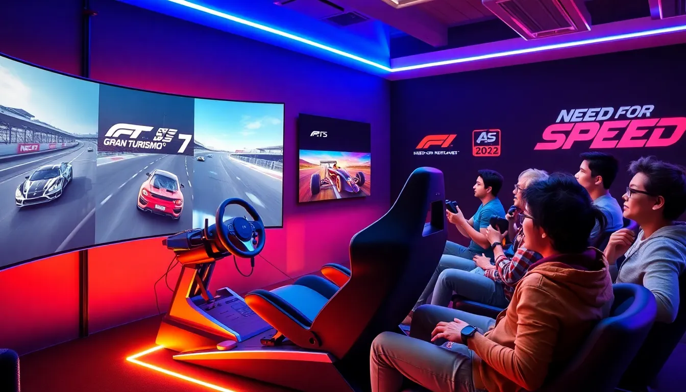 gamers enjoying upcoming PS5 racing games in a vibrant gaming setup.