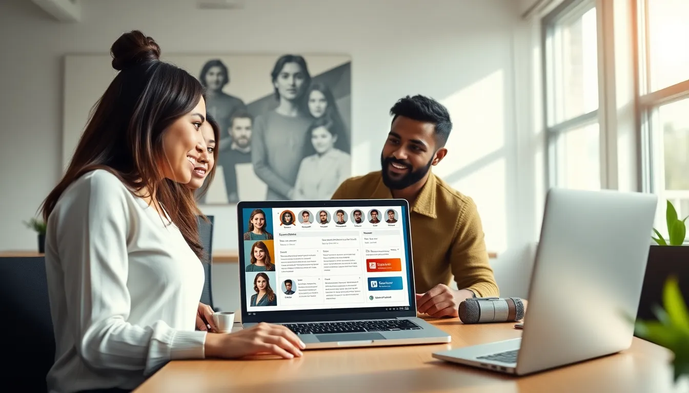 professionals collaborating around a laptop displaying ck2generator.com.