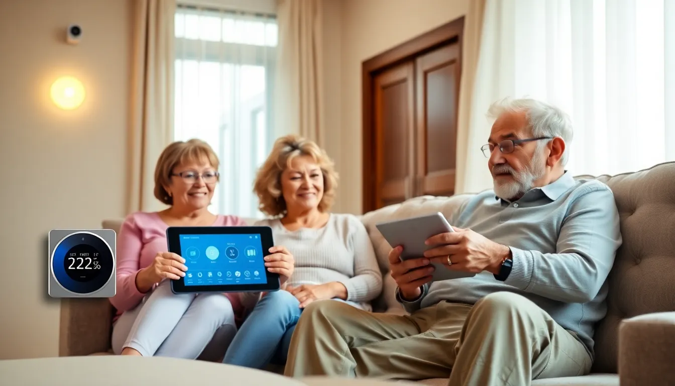 A diverse group of seniors using smart home technology in a modern living room.