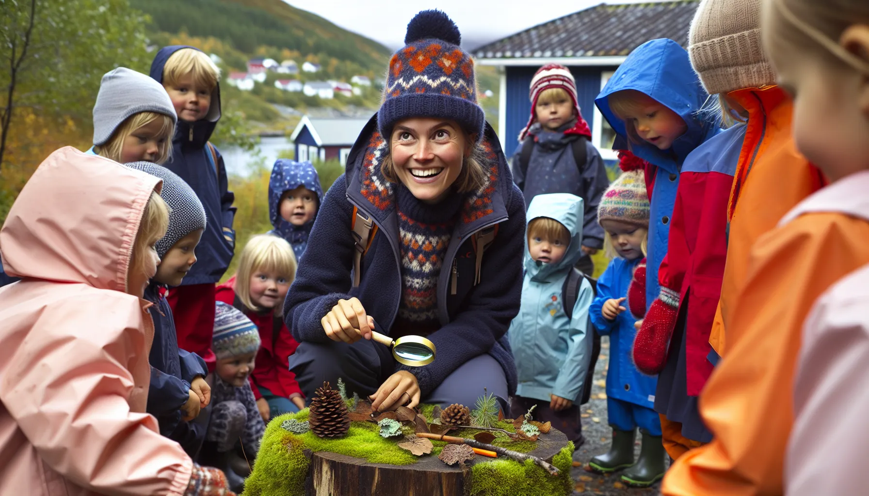 Student teacher leads outdoor activity, mentor observes at a Norwegian kindergarten.