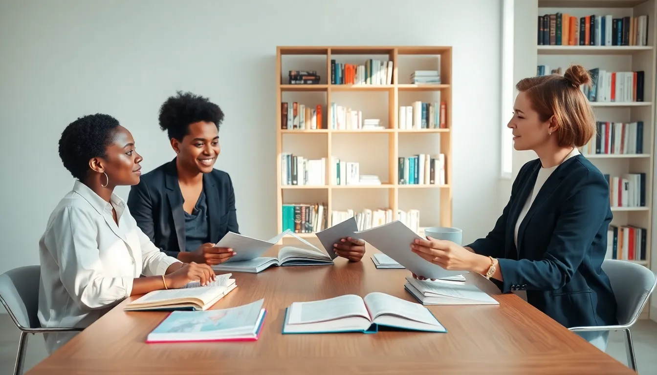 diverse professionals discussing mental health books in a cozy study.