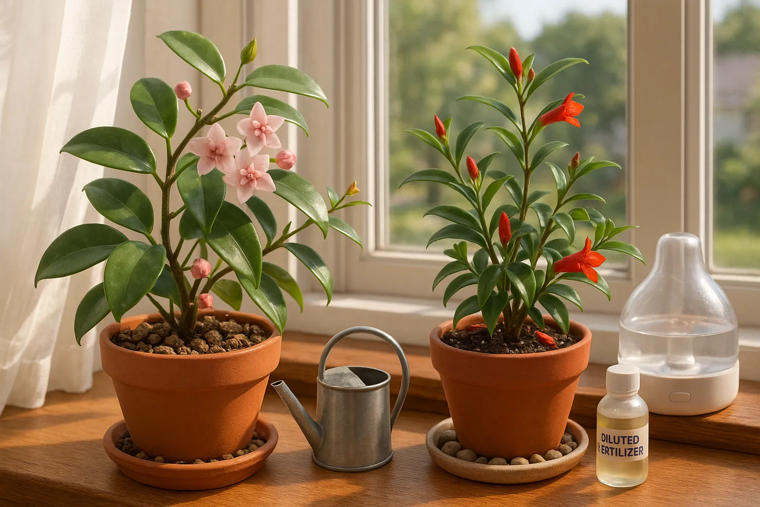 Hoya with waxy flowers beside a lipstick plant with tubular red blooms.