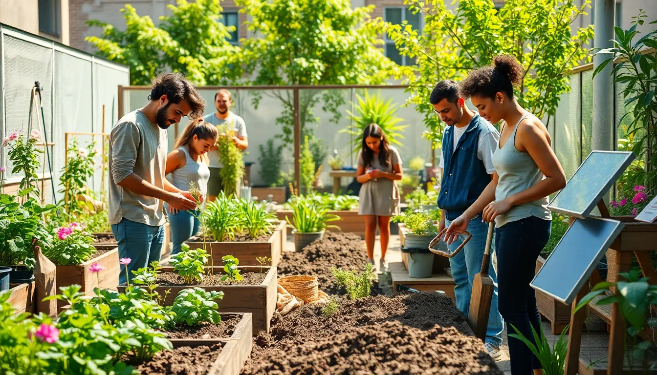 diverse group working in a community urban garden.