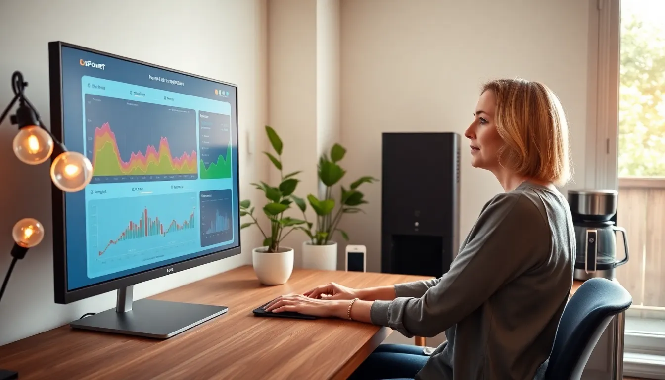 a woman using a power management system in a bright home office.
