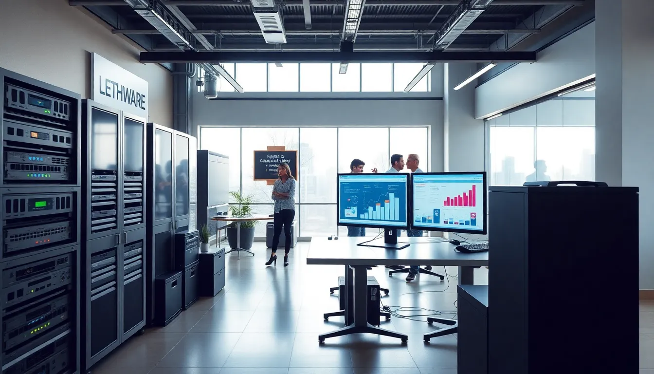 a modern office setup with hardware and professionals discussing e-commerce strategies.