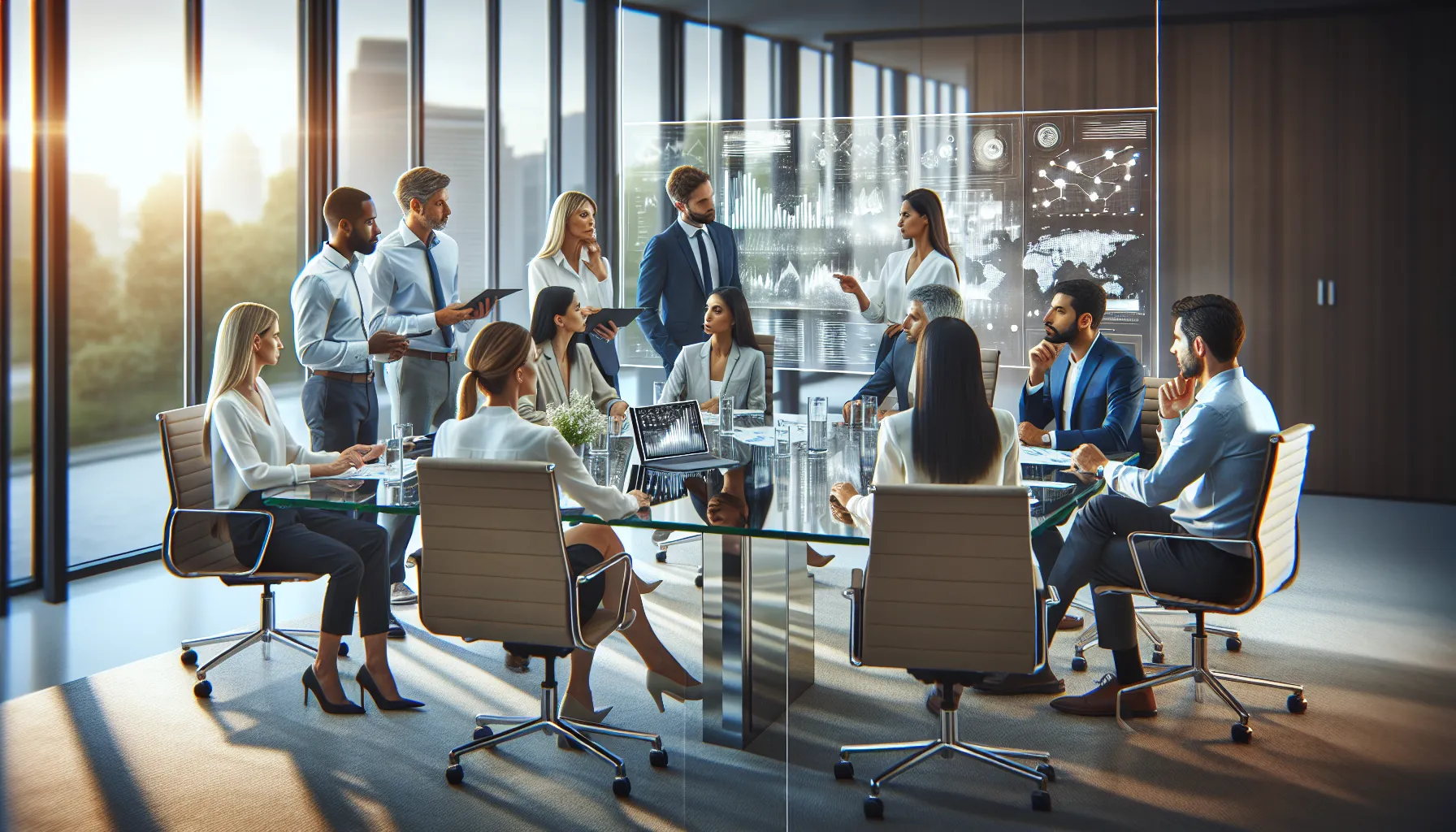 diverse team analyzing market data in a modern office.
