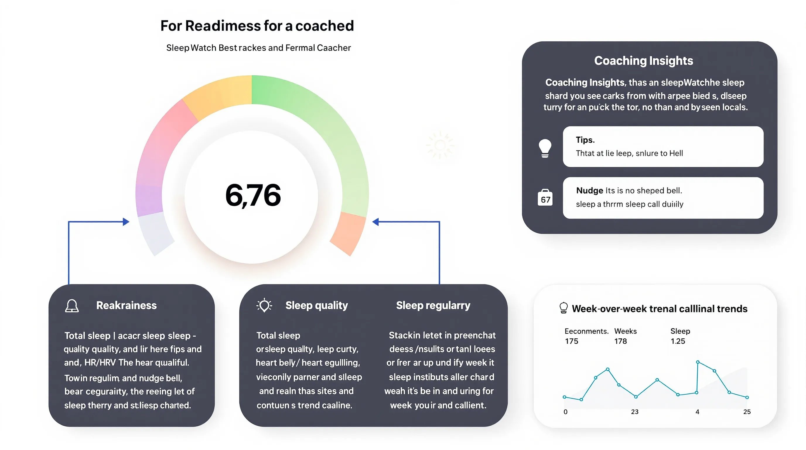Infographic showing SleepWatch readiness inputs, coaching, trends, and Apple Watch compatibility.