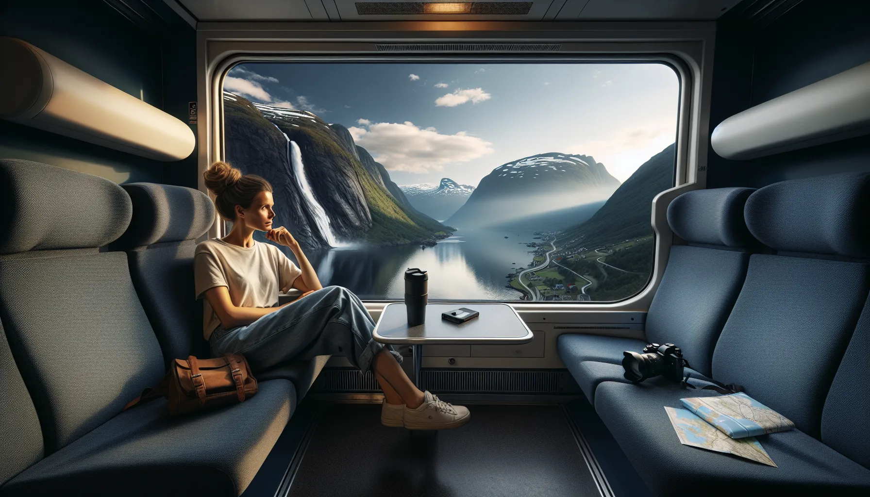 Passengers in a norwegian train admire dramatic fjords, mountains, and waterfalls through panoramic windows.
