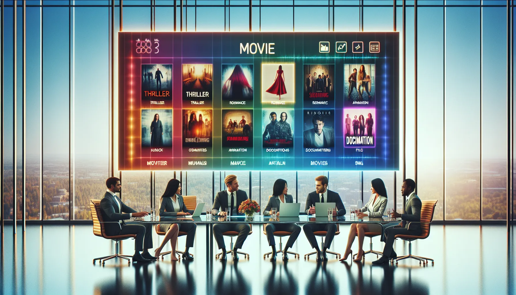 professionals discussing diverse film options in a modern office.