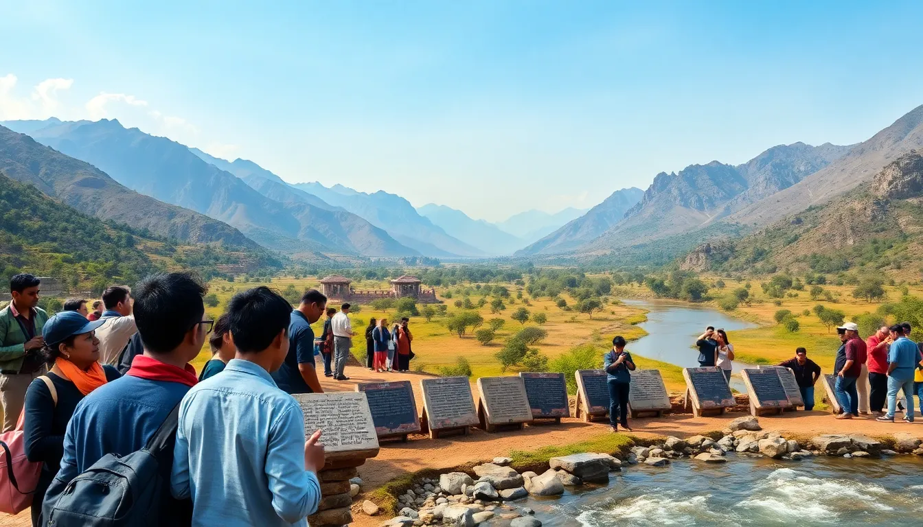diverse group exploring historical artifacts in a lush Bhaksunda landscape.