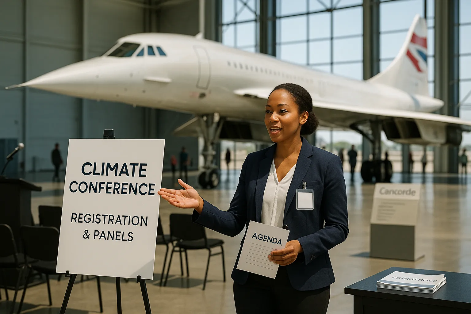 An organizer by a conference sign with a Concorde jet visible in the hangar background.