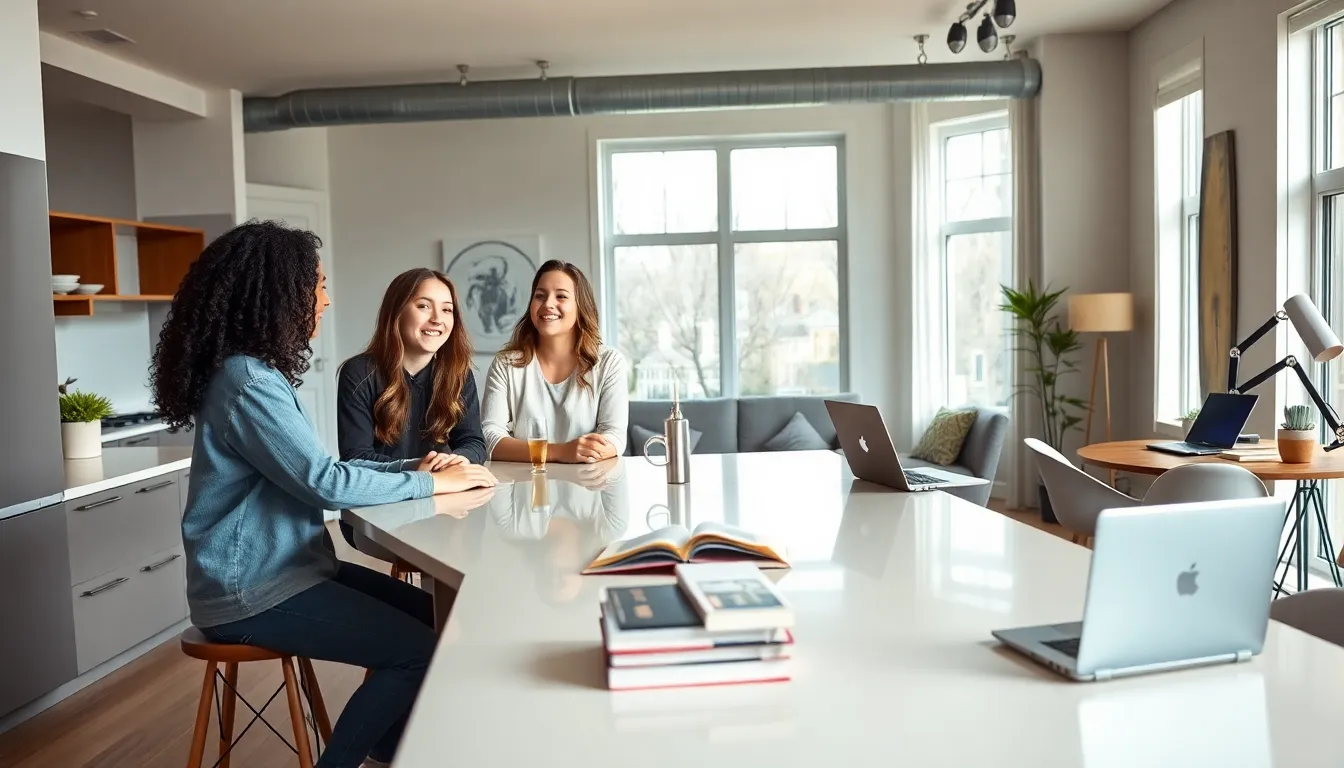 diverse students discussing in a modern off-campus apartment.