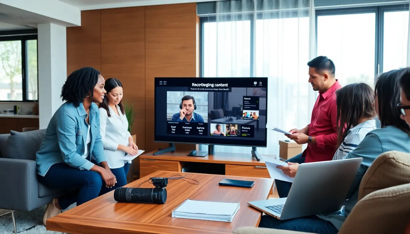 professionals learning to record streaming video in a modern living room.
