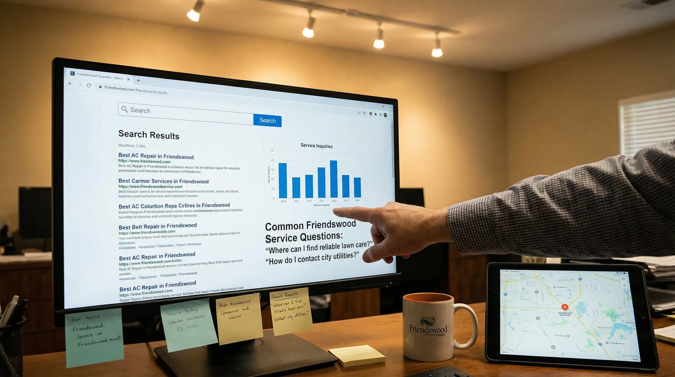 Computer screen with search results and question-based queries related to Friendswood on a modern office desk.