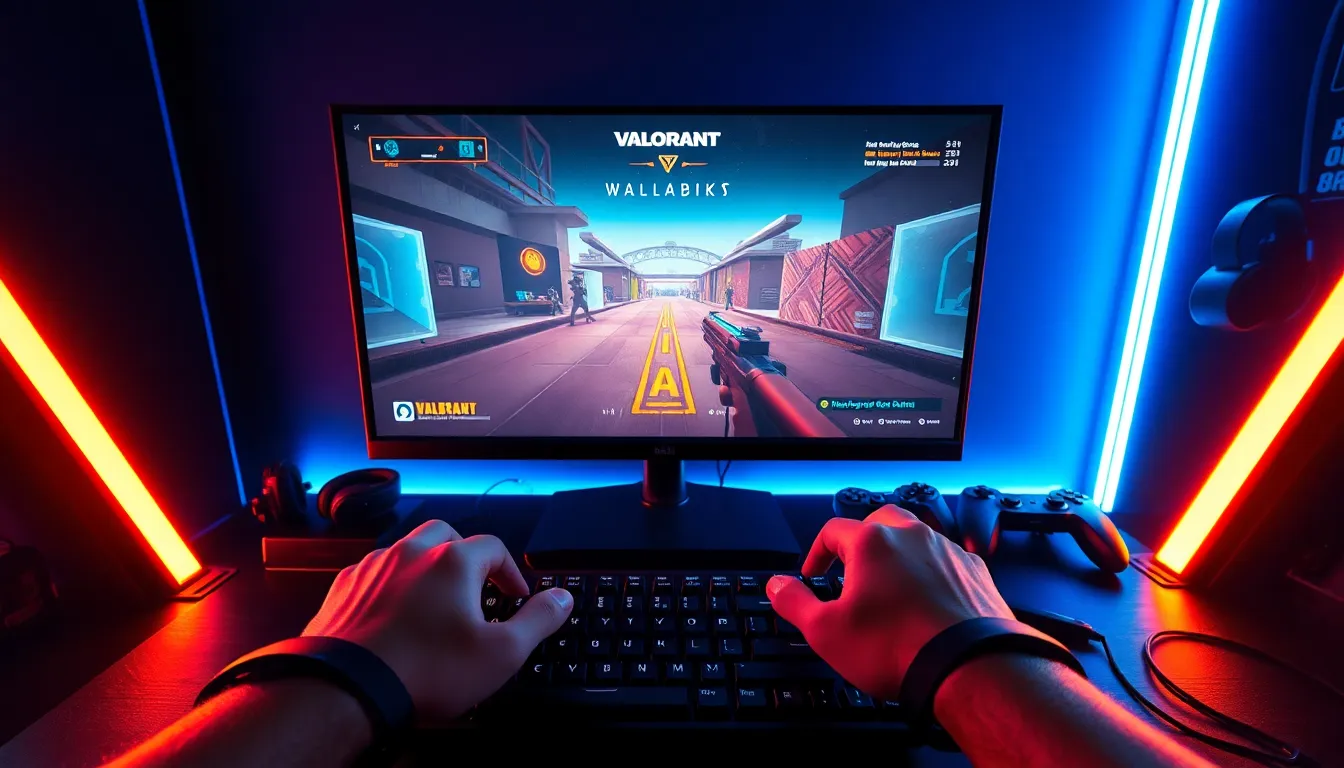 gaming setup showing 'Valorant' with aimbots and wallhacks visuals.