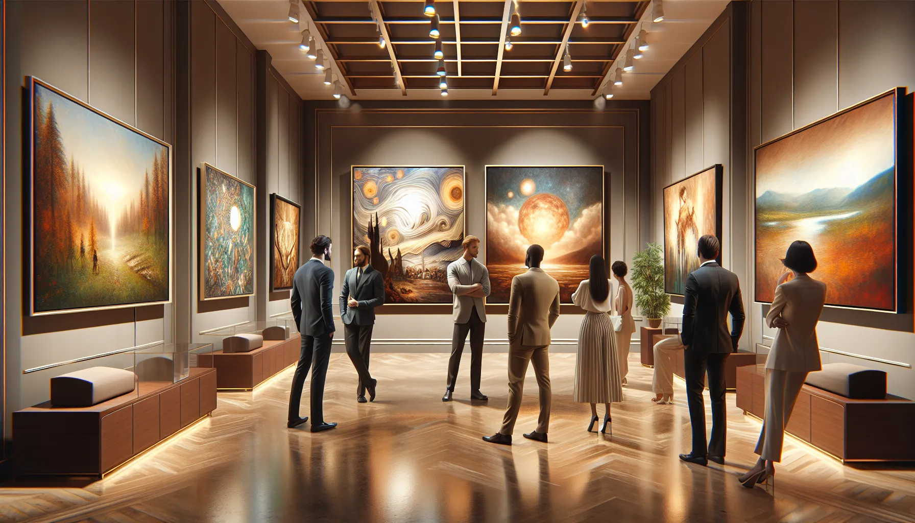 diverse art collectors engaging with Arcyart's oil paintings in a gallery.