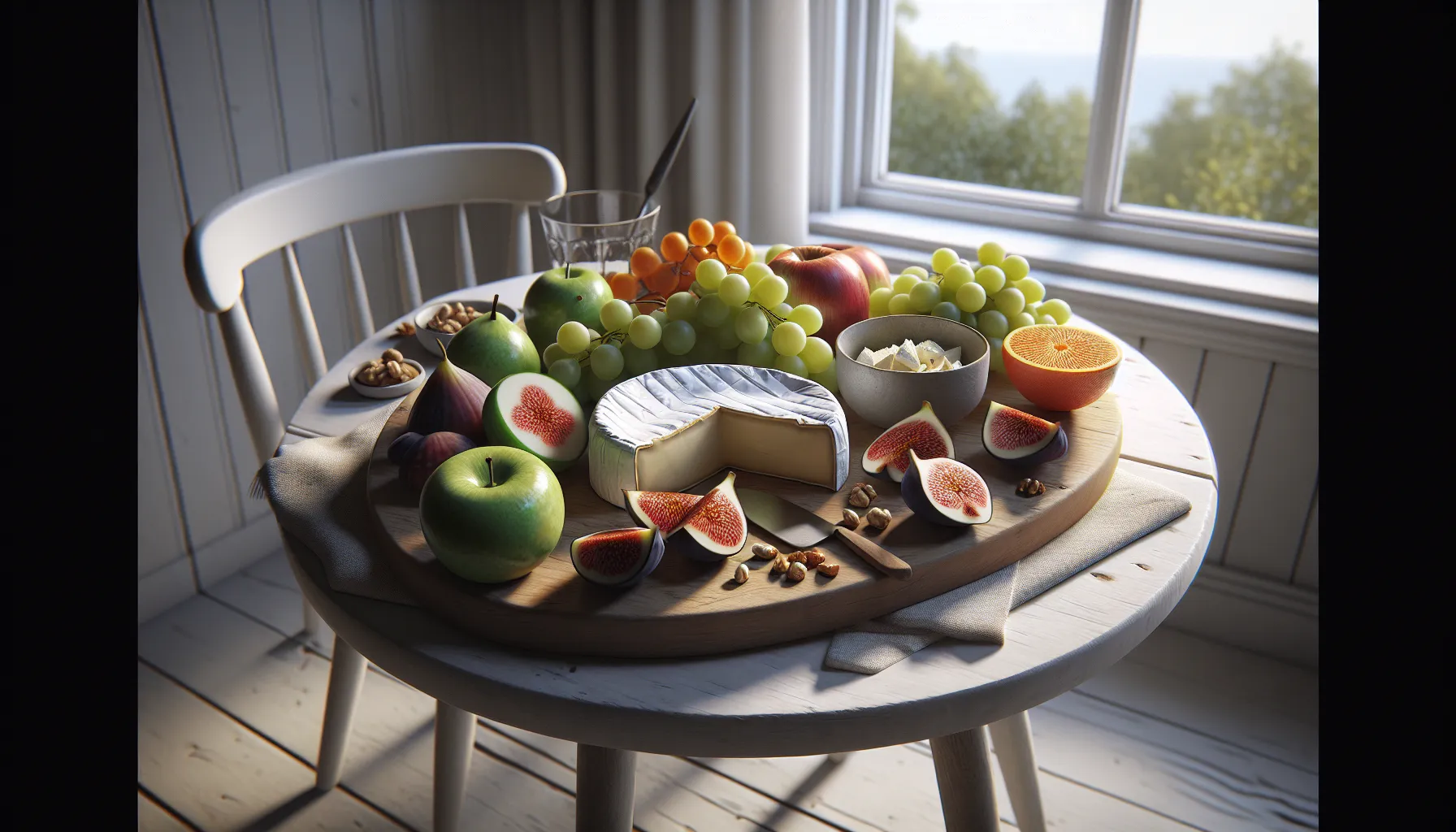 A wooden board with assorted cheeses and fresh fruit on a bright table.
