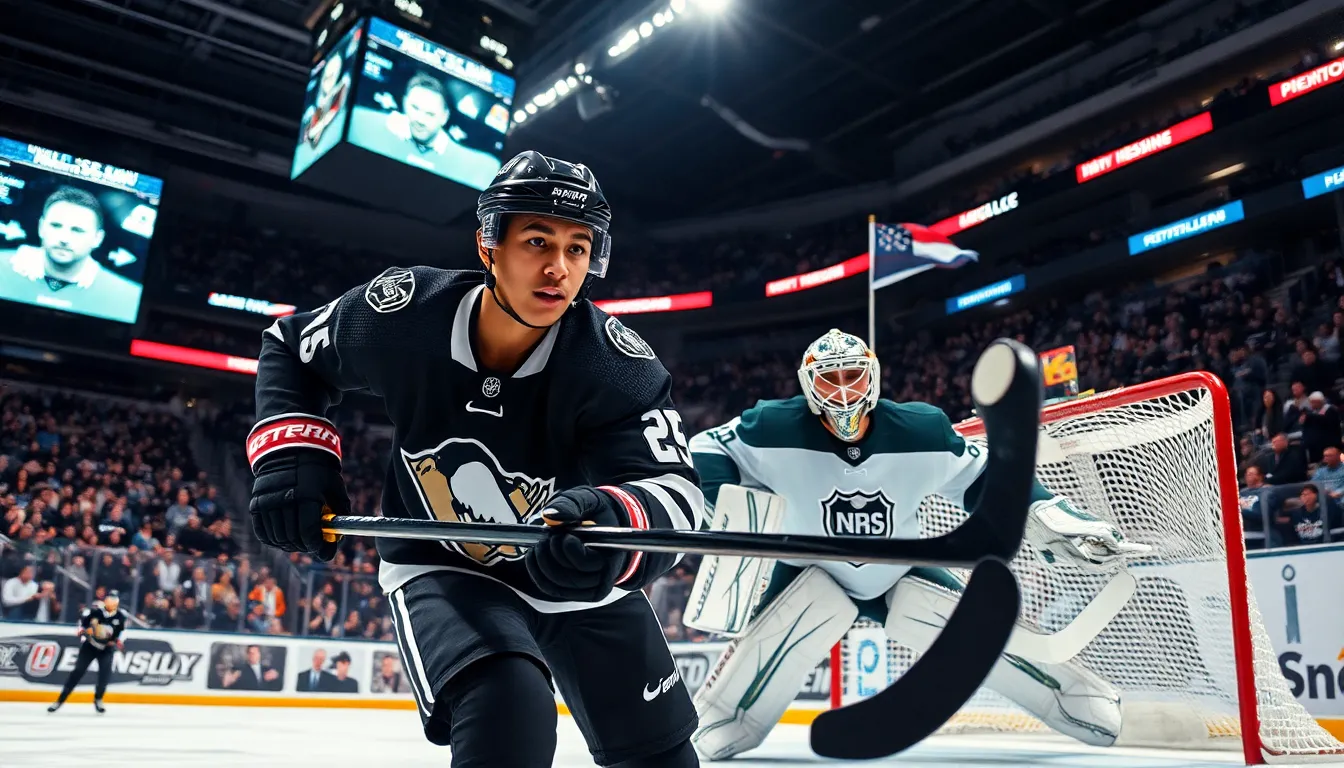 action-packed hockey game with players and cheering fans in the arena.