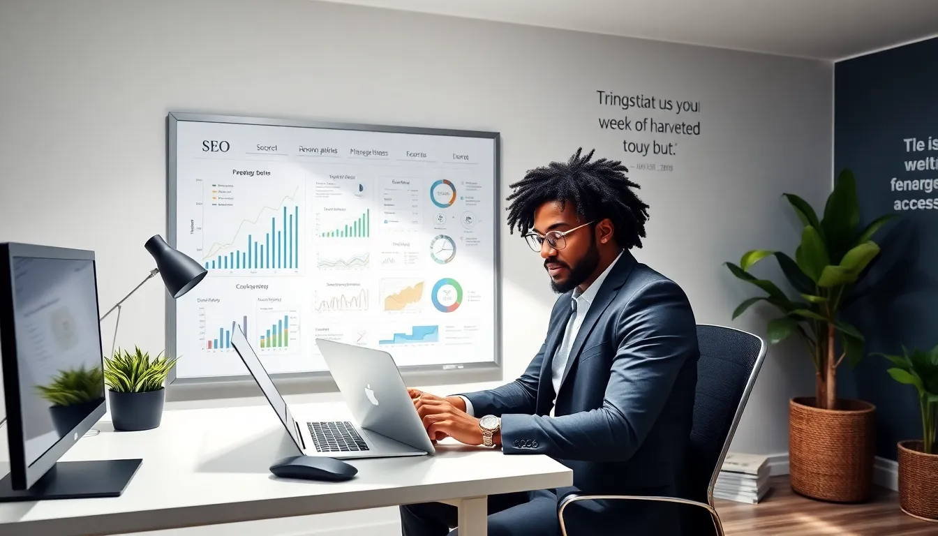 SEO specialist freelancer working in a modern home office.