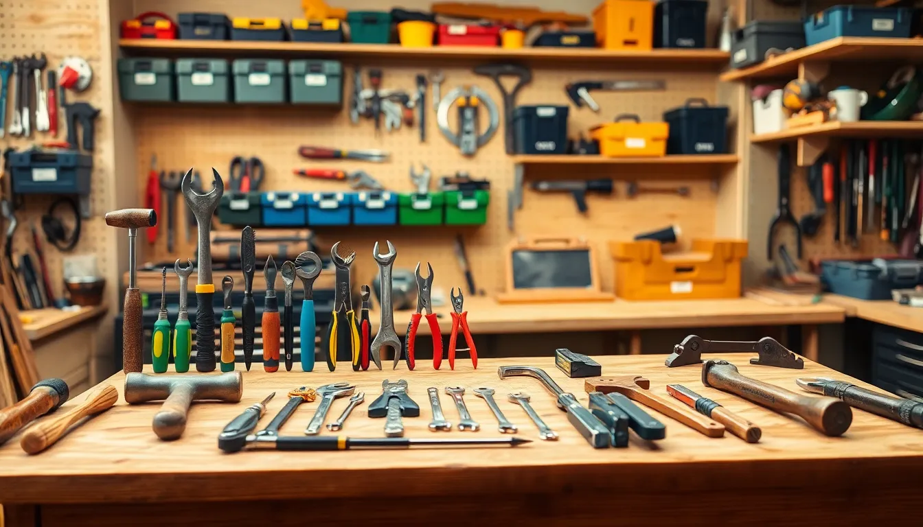 organized workshop with essential hand tools on a workbench.