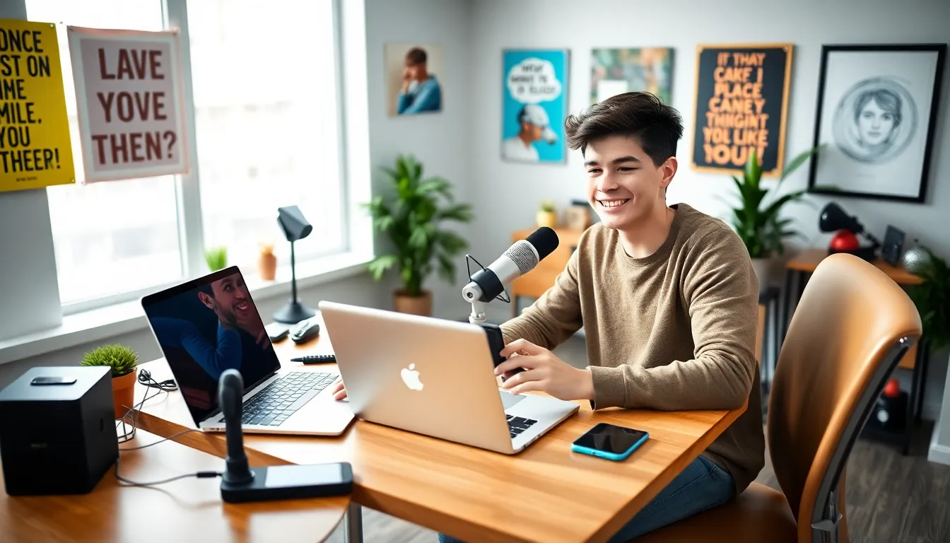 young content creator working in a modern office setting.