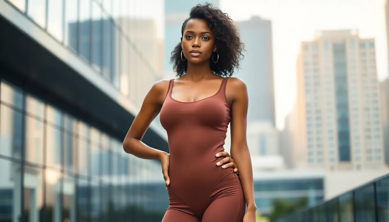 model in a stylish viral bodysuit against a modern city backdrop.