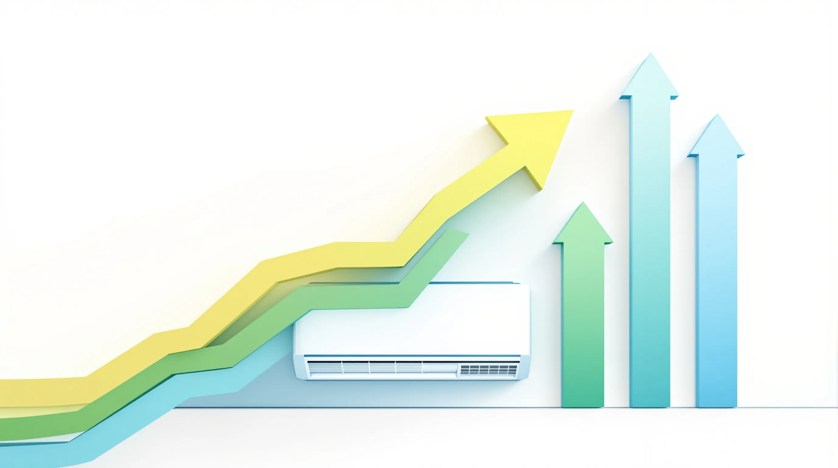 Minimalist heat pump unit with ascending energy efficiency bars on white background.