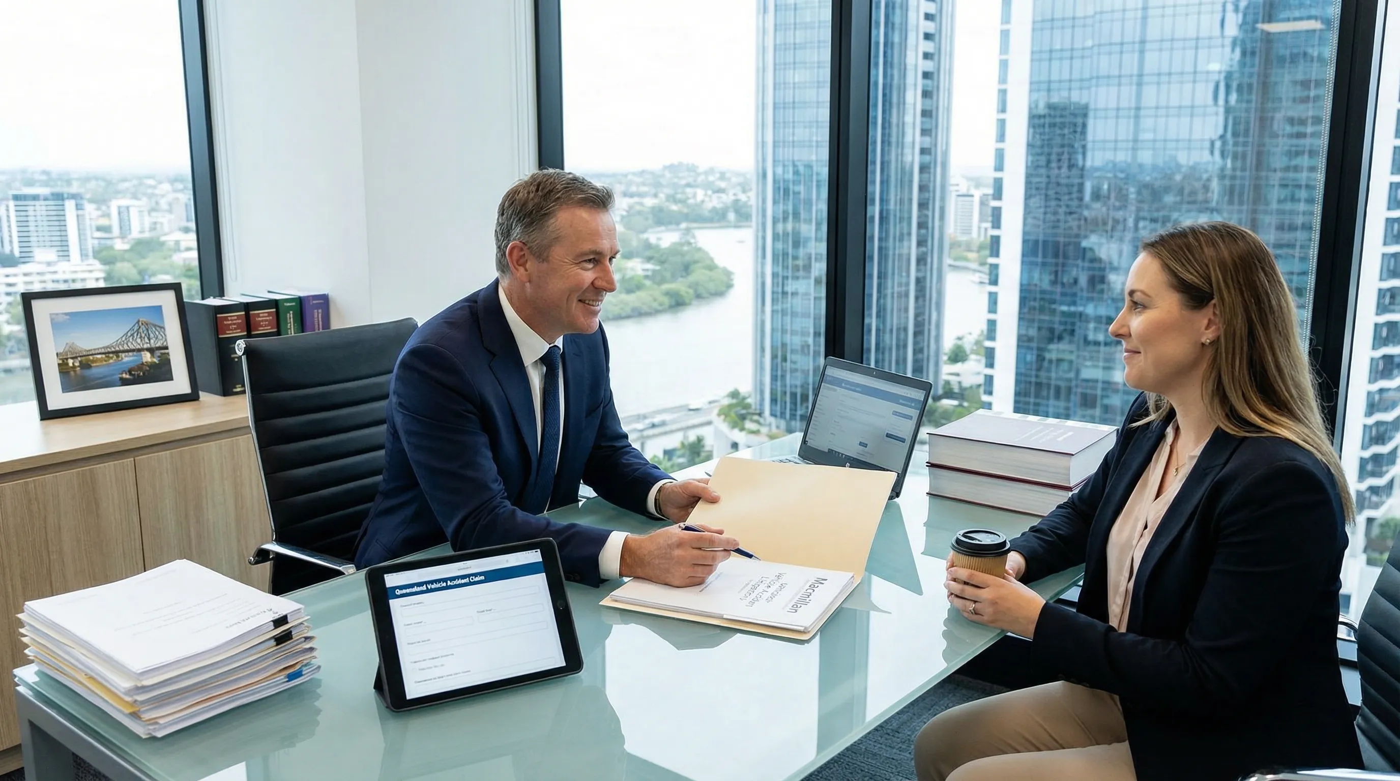 Brisbane car accident lawyer consulting with a client in a modern law office.