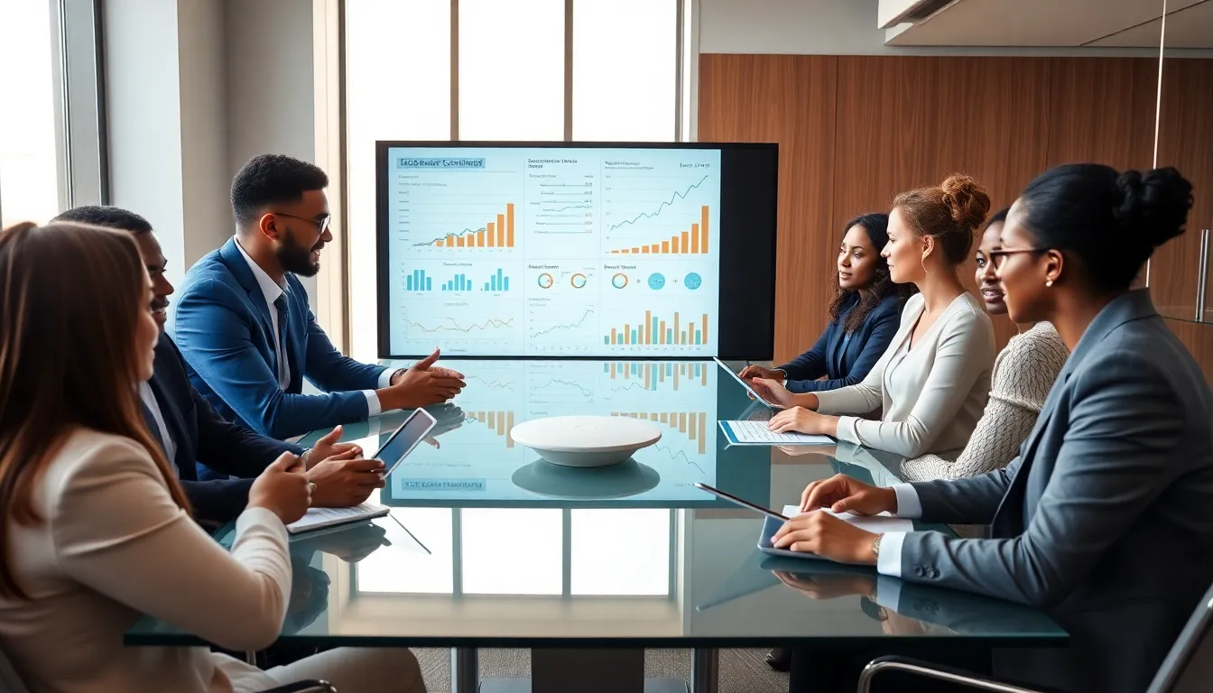 diverse team analyzing economic trends in a modern office.