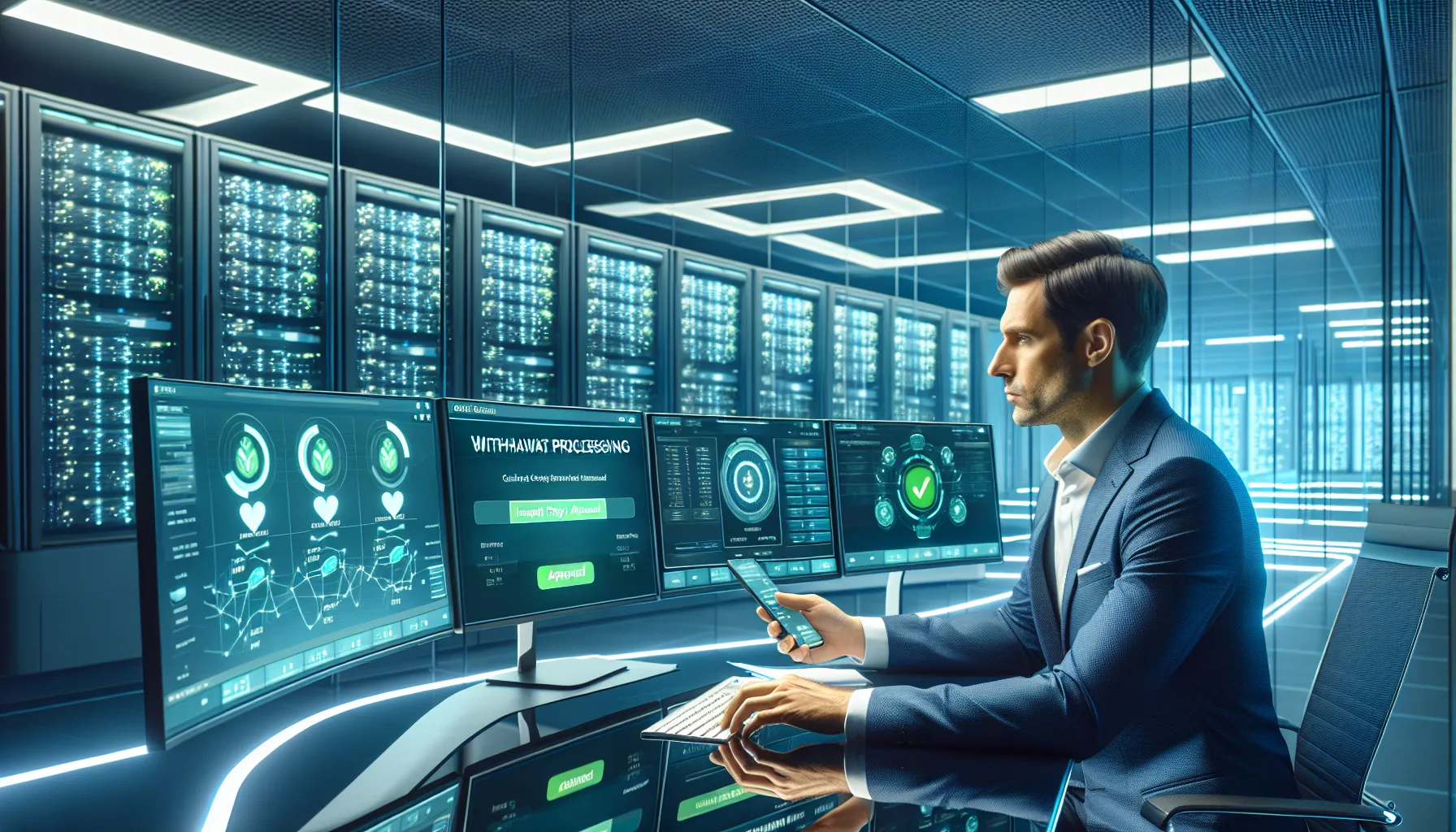 Casino manager reviewing fast payout approvals on computer monitors in modern operations center.