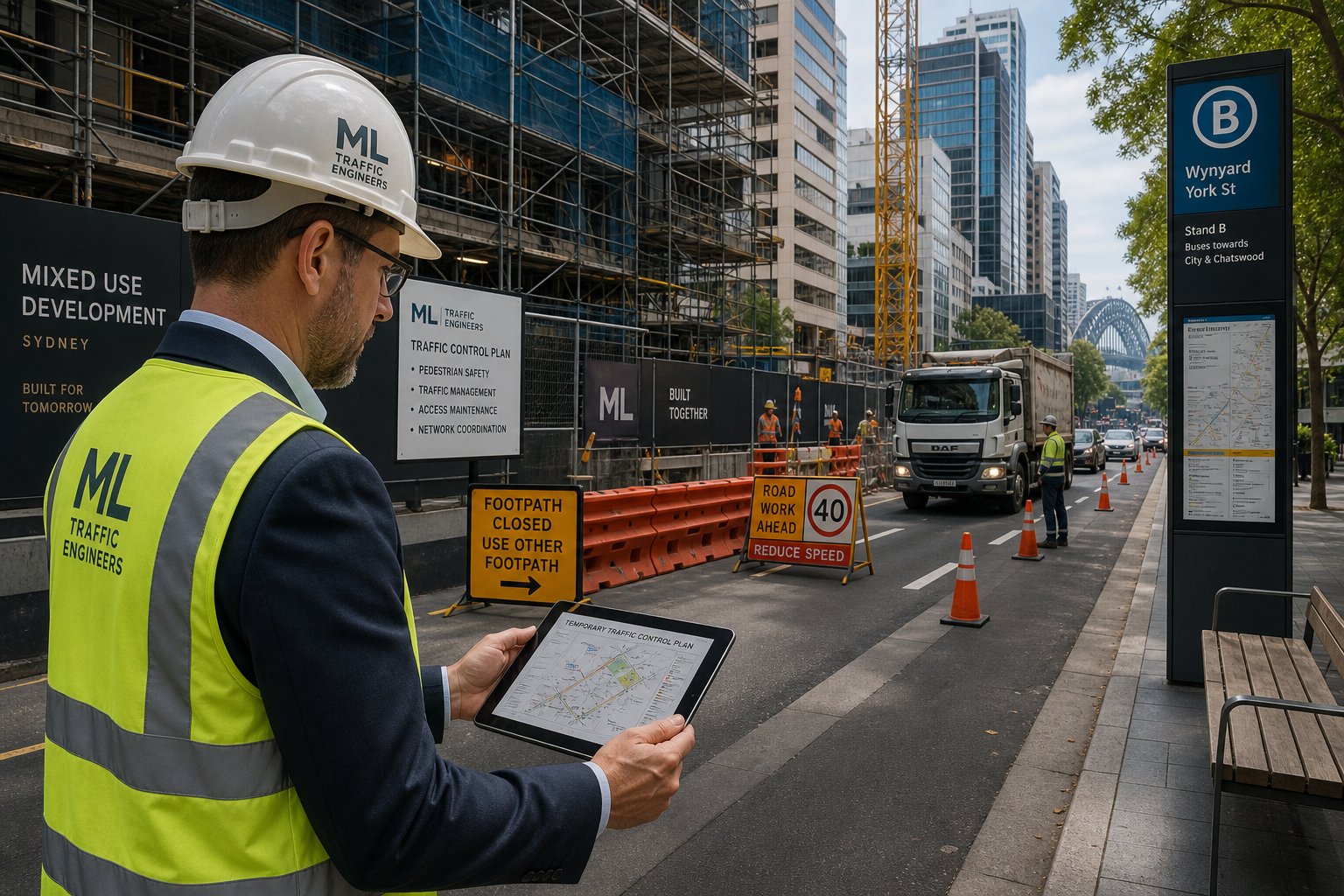 Traffic engineer reviewing a construction traffic plan on a Sydney street.