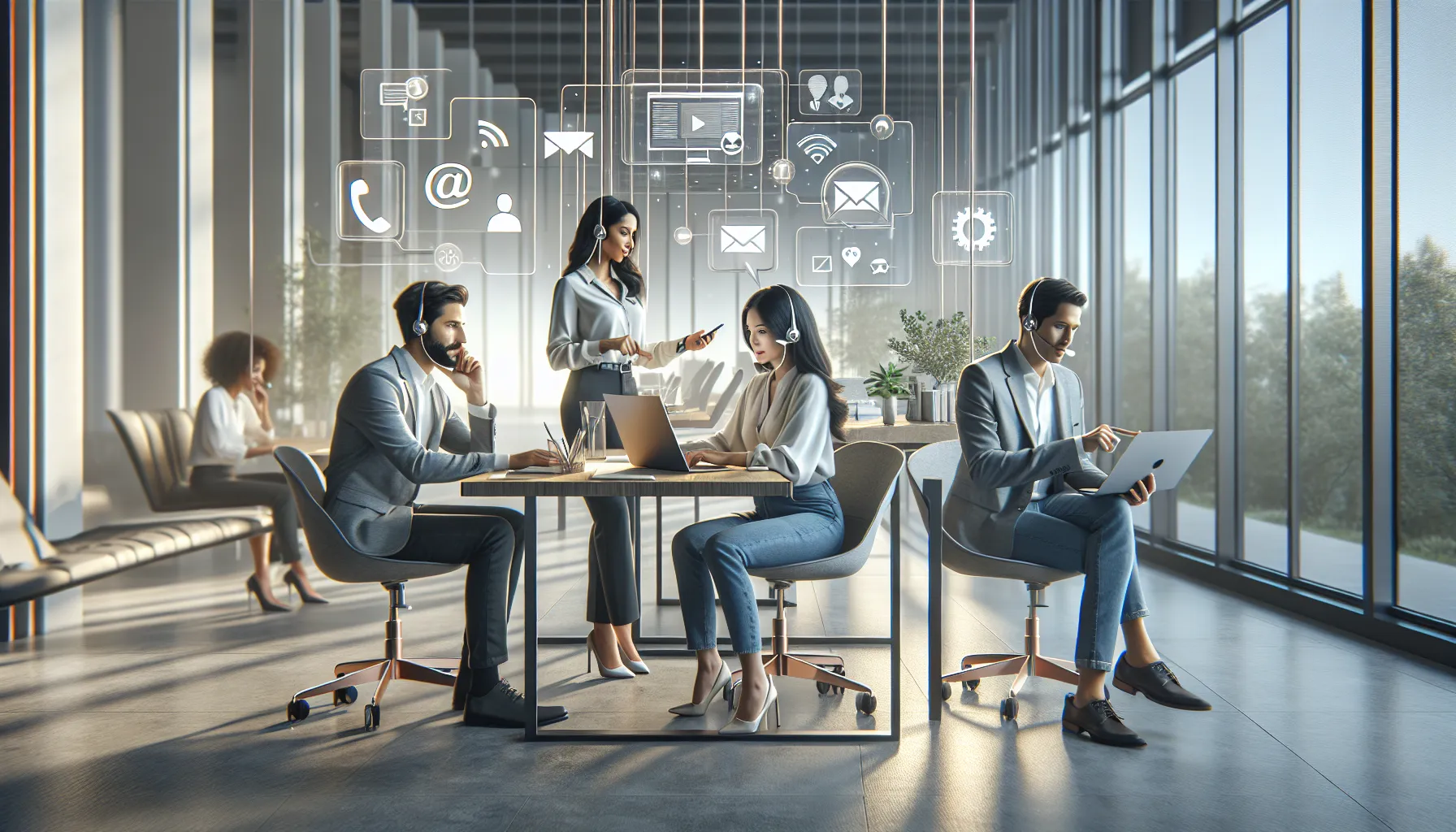 diverse team in a modern office discussing communication options.