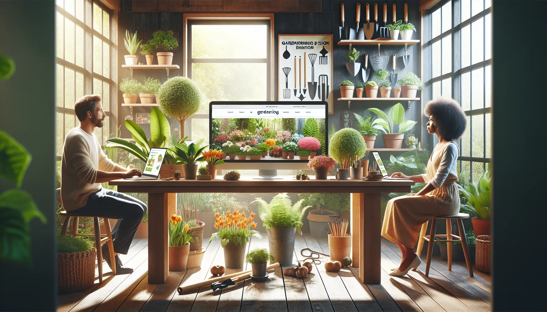 diverse team discussing gardening ideas in a bright workspace.