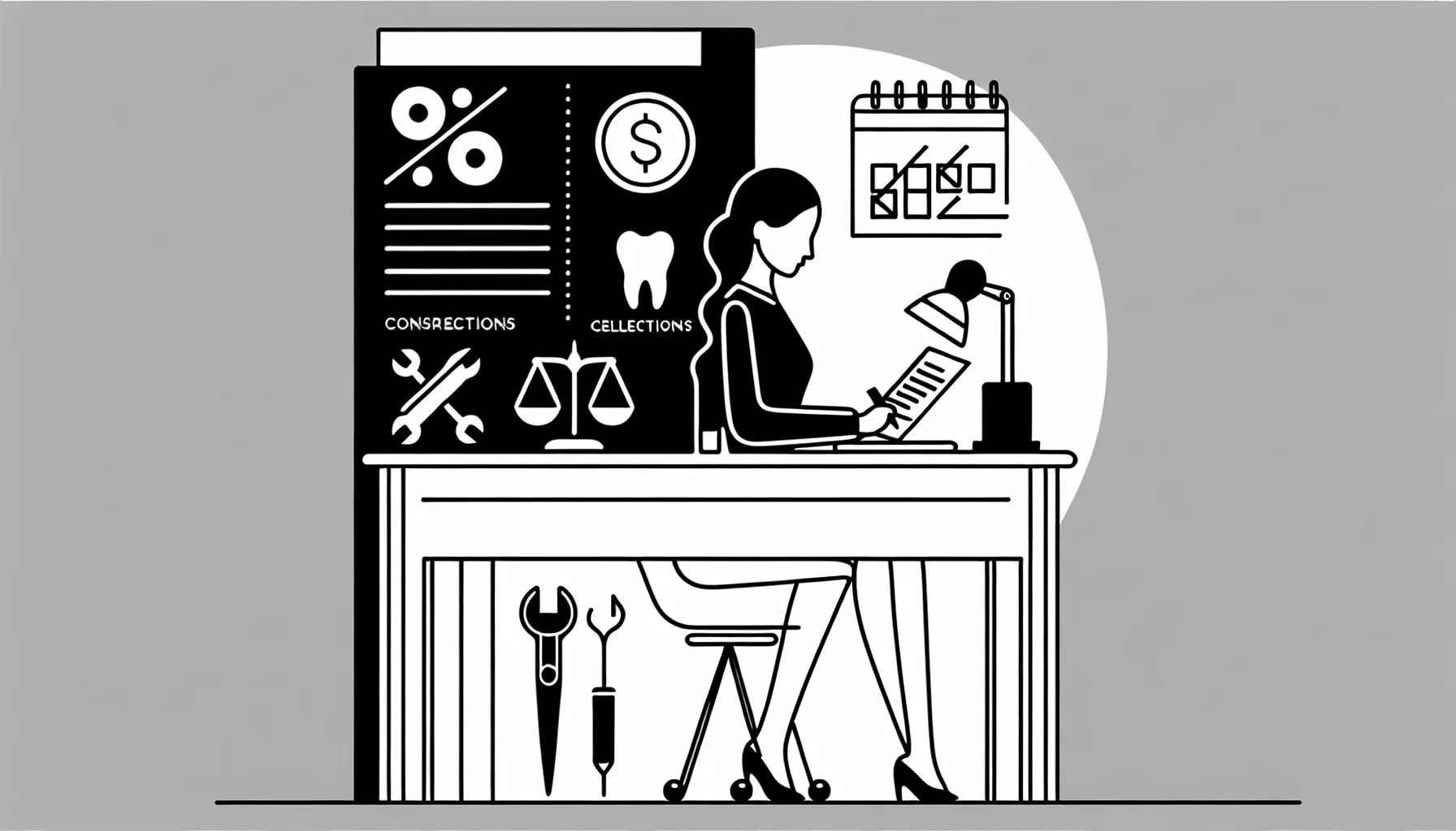 Dentist at desk reviewing a contract with compensation and deduction icons.