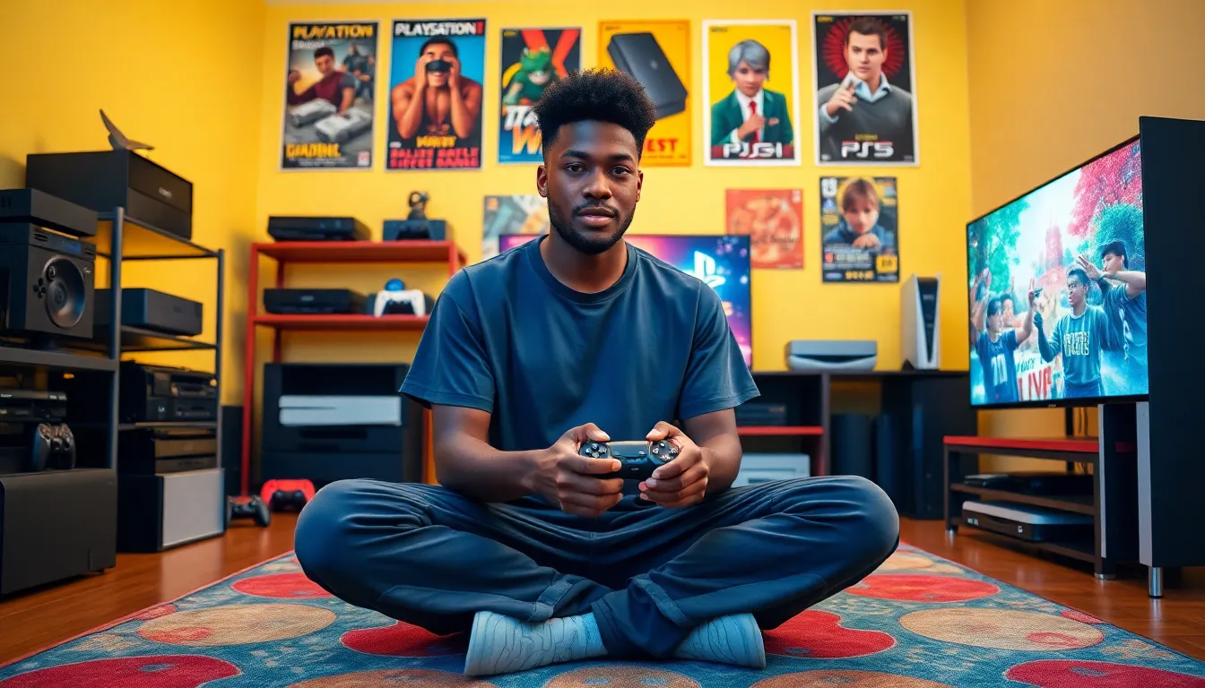 a gamer playing on a vintage-inspired gaming setup with multiple PlayStation consoles.