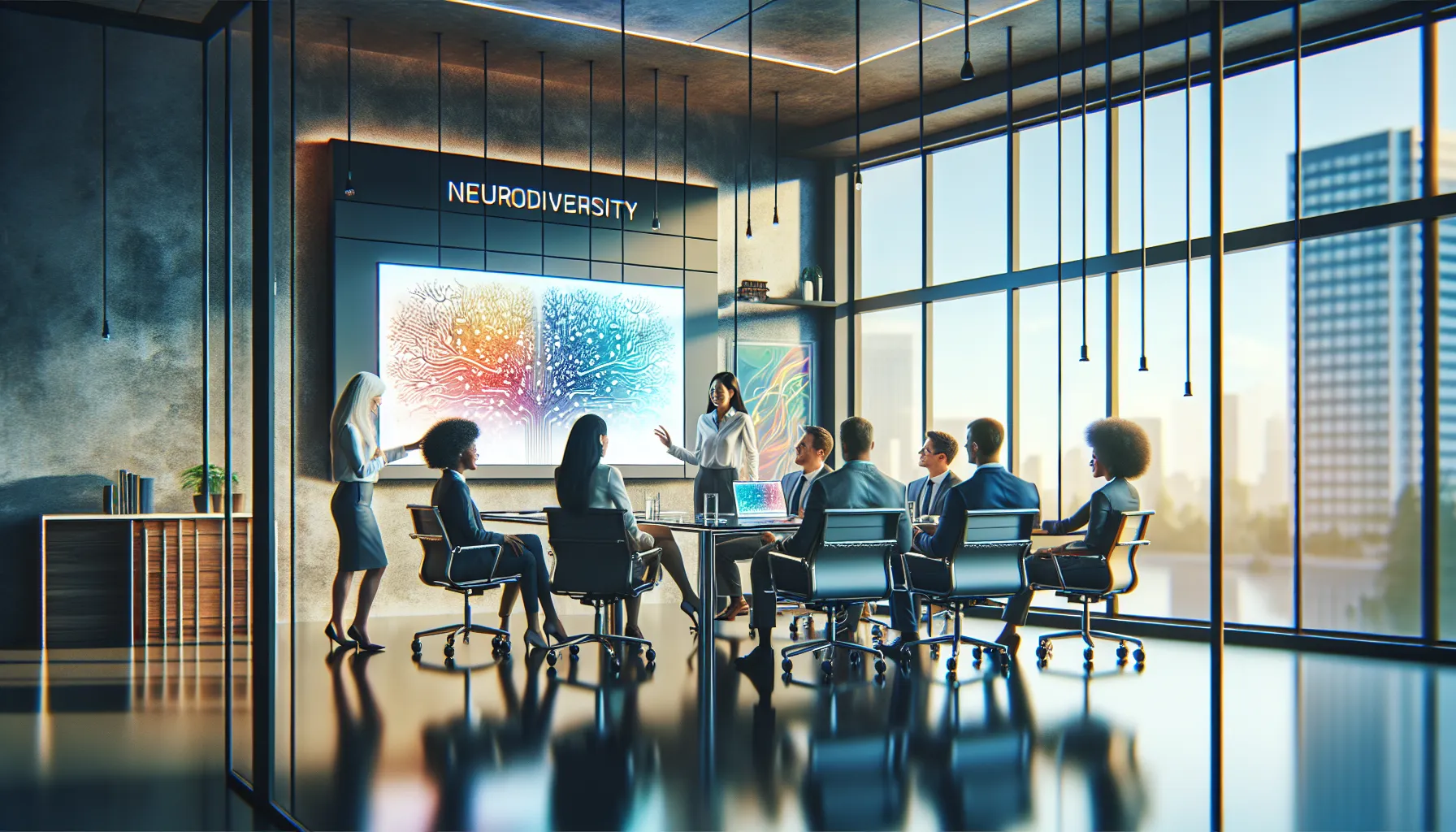 diverse team discussing neurodiversity in a modern office setting.