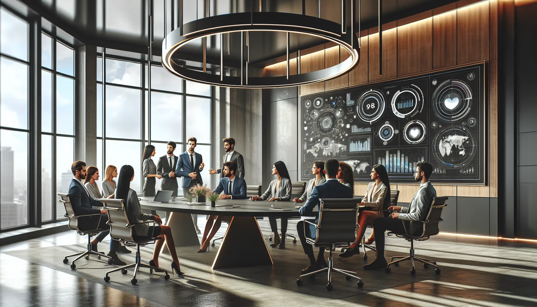 diverse professionals discussing digital solutions in a modern workspace.