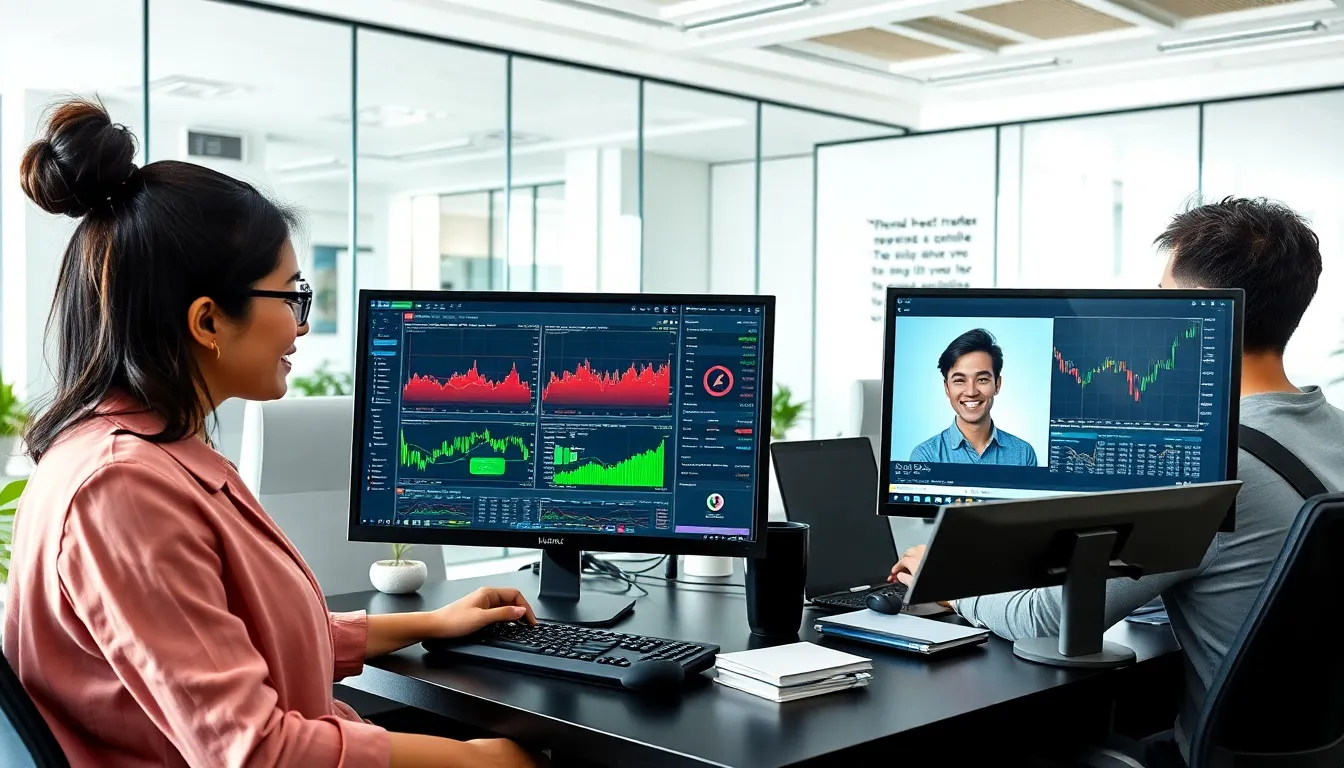 professionals collaborating in a modern trading office environment.