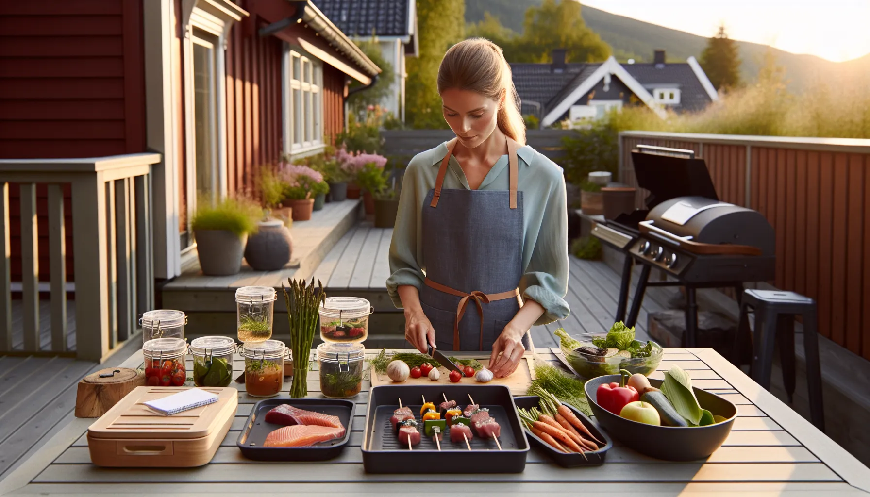 Norwegian host preps labeled grill menu with seasonal produce beside a charcoal grill.