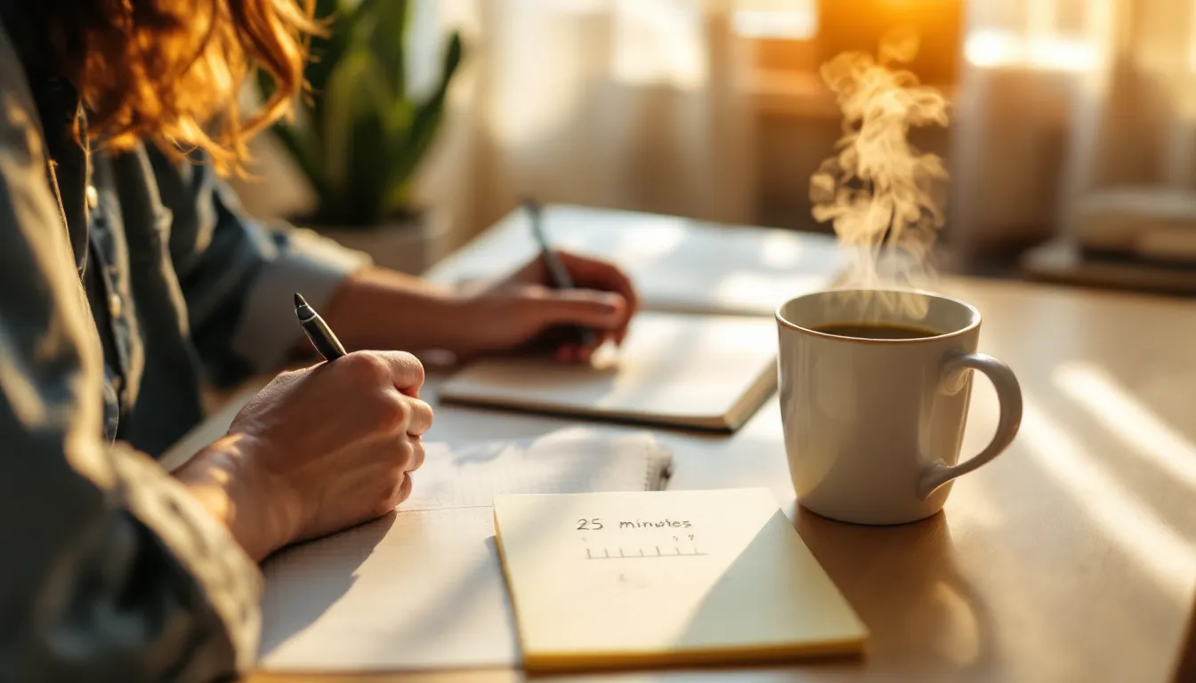 Analog timer and tally-marked sticky note on a tidy desk for focused work.